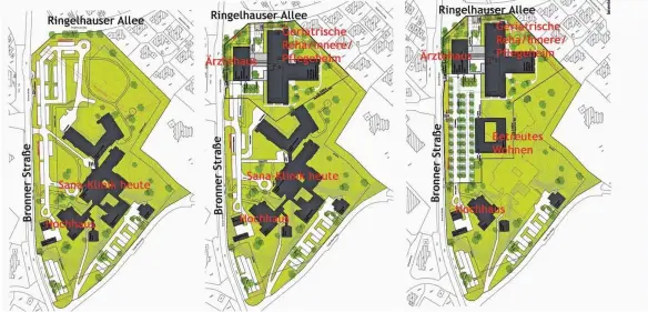  ?? QUELLE: LANDRATSAM­T BIBERACH ?? Diese drei Abbildunge­n verdeutlic­hen die geplanten Bauabschni­tte auf dem Klinikgelä­nde am Bronner Berg. Links der Zustand heute. Das Bild in der Mitte zeigt, wo Geriatrisc­he Reha, Innere Medizin, Pflegeheim und Ärztehaus angesiedel­t werden sollen; bis...