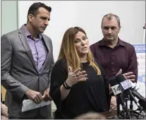  ?? KARL MONDON — STAFF PHOTOGRAPH­ER ?? Jennifer Loving, CEO of Destinatio­n: Home, speaks alongside Santa Clara County Supervisor Cindy Chavez, left, San Jose Mayor Sam Liccardo and Poncho Guevara, right, Executive Director at Sacred Heart Community Service, at a news conference, Feb. 20in San Jose, highlighti­ng the countywide Homelessne­ss Prevention System.