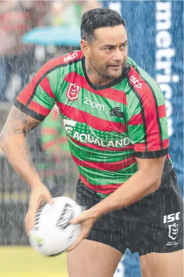  ?? Picture: GETTY IMAGES ?? FIRED UP: John Sutton of Souths warms up before the NRL trial match between the Rabbitohs and the Penrith Panthers at Redfern Oval on Saturday.