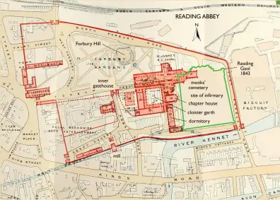  ??  ?? Below: Abbey grounds beside the River Kennet, mapped by Jamieson Hurry in 1901; the infirmary was removed when Reading Gaol was built