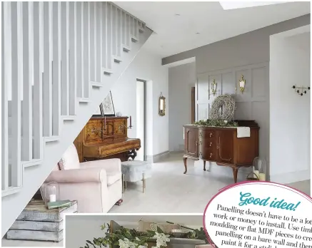  ??  ?? Mahogany tones add warmth to the pale-grey hallway. The piano was a gift from their architect, and Gillian has paired it with a velvet stool for a modern twist