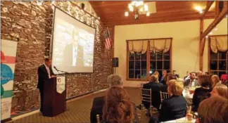  ?? REBECCA BLANCHARD — DIGITAL FIRST MEDIA ?? Greg Herb addresses the crowd during the annual Boyertown Area Progress Dinner hosted by the TriCounty Area Chamber of Commerce at La Massaria at Bella Vista Golf Course, New Hanover.