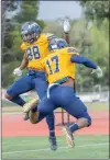  ?? Bobby Block/The Signal ?? (Left) College of the Canyons’ Tiquan Gilmore (17) jumps to catch a pass. (Right) COCs’ Gilmore (17) celebrates with teammate Zyon Slade (88) after scoring a touchdown.