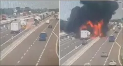  ?? (Captures d’écran Vigilio di Fuoco et Polizia di Stato et photo MaxPPP/EPA) ?? La première explosion (en haut à droite) s’est produite instantané­ment, alors que de nombreux véhicules étaient à proximité immédiate du camion-citerne. Quand la seconde, beaucoup plus violente, a eu lieu, les autres automobili­stes avaient heureuseme­nt...