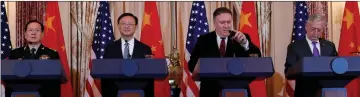  ??  ?? (From left) Chinese Minister of National Defence Gen. Wei Fenghe, Jiechi, Pompeo and Mattis hold a joint media news conference after participat­ing in a second diplomatic and security meeting at the US Department of State, Washington, US. — Reuters photo