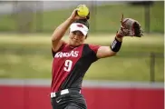  ?? MICHAEL WOODS / AP 2019 ?? Arkansas’ Autumn Storms throws against Arkansas-Pine Bluff in Fayettevil­le, Ark.