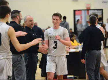  ?? OWEN MCCUE — MEDIANEWS GROUP ?? Methacton’s Brett Eberly (3) smiles as he heads to the bench during the Warriors’ PIAA 6A win over Lincoln on Wednesday at William Tennent.