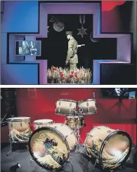  ??  ?? A re-creation, top, of the soldier featured on the back cover of Pink Floyd’s The Final Cut album. Above, Nick Mason’s ‘Hokusai Wave’ drum kit, painted after the band toured Japan.