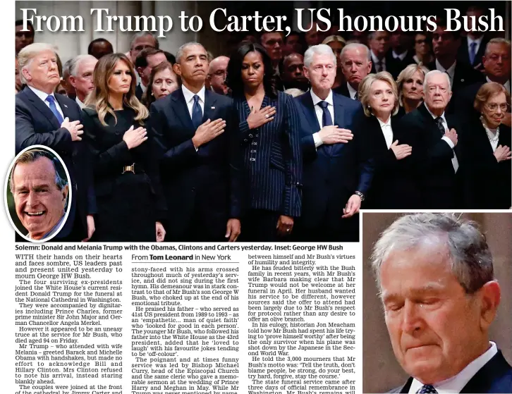  ??  ?? Solemn: Donald and Melania Trump with the Obamas, Clintons and Carters yesterday. Inset: George HW Bush Tribute: George W Bush shed a tear for his father