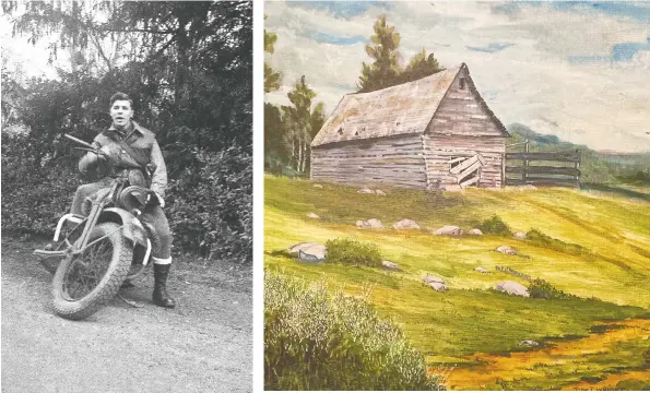  ??  ?? A young John Thomas Wright, a Canadian signalman, astride his motorcycle circa 1943, a year before D-Day.