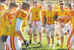  ?? Peter Wallace / For Hearst Connecticu­t Media ?? Gilbert/Northweste­rn players cheer their seniors in a traditiona­l postgame slide in the grass following the Yellowjack­ets’ win over Coventry/Windham Tech/Bolton/Lyman Memorial Saturday afternoon at Van Why Field.