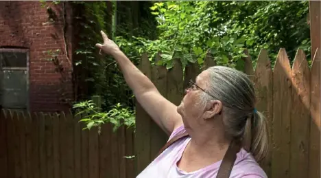  ?? Christian Snyder/Post-Gazette ?? Sandra L. Mitchell, 62, points to damage on a neighborin­g property on July 23 in the Hill District. She says she has petitioned the city multiple times to perform maintenanc­e on the derelict house, to no avail.