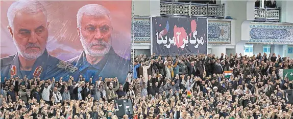  ??  ?? Un espectacul­ar muestra al difunto comandante militar iraní Qassem Soleimani y al fallecido líder de la milicia iraquí Abu Mahdi al-Muhandis, mientras los fieles iraníes cantan consignas durante el sermón de las oraciones del viernes, que estuvo dirigido por el líder supremo de Irán, el ayatola Ali Jamenei, en Teherán.