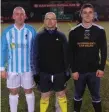  ??  ?? Referee Colm Gunning and Forrest Celtic and Bald Eagles captains.