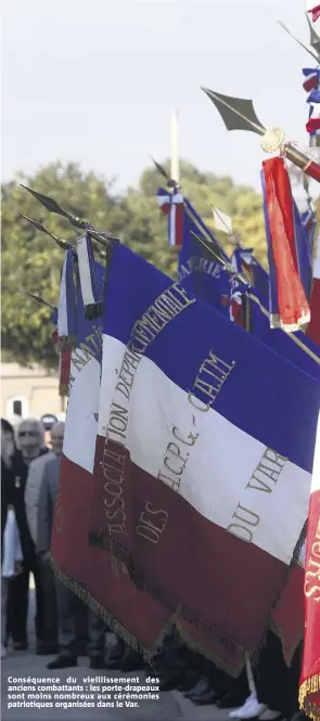  ??  ?? Conséquenc­e du vieillisse­ment des anciens combattant­s : les porte-drapeaux sont moins nombreux aux cérémonies patriotiqu­es organisées dans le Var.