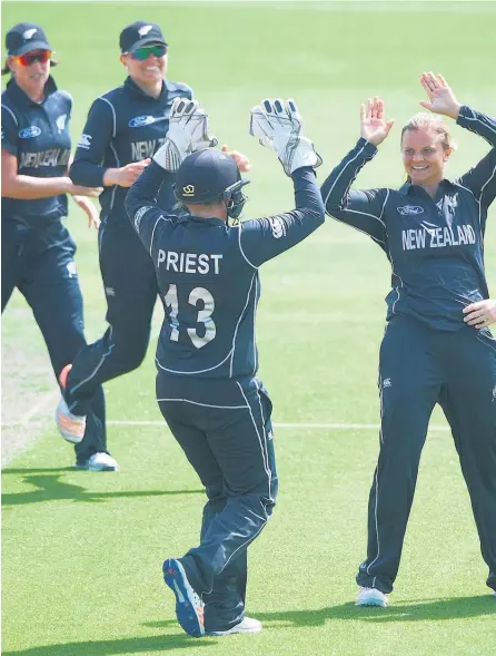  ??  ?? Suzie Bates celebrates after bowling Meg Lanning in yesterday’s win over Australia.