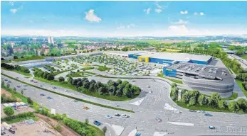  ?? ANIMATION: IKEA ?? So soll der Ikea-Standort mit Zufahrt über die Europastra­ße einmal aussehen. Wenn der Stadtrat im kommenden Jahr den Bauantrag genehmigt, könnte mit dem Vorhaben im Jahr 2018 begonnen werden. Eröffnung wäre dann Ende 2019.