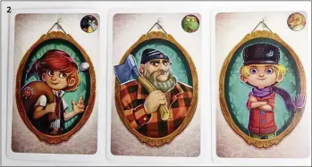  ??  ?? 2 The slightly more complicate­d Mode 2 gameplay uses special cards that have two sides: a character side and an Animal side, each with special powers. Pictured are the characters of Little Thumb, Lumberjack and Peter.