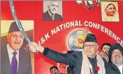  ?? PTI ?? Former Jammu and Kashmir chief minister Farooq Abdullah holds a sword during a programme as he visits the city first time after getting reelected as party's president in Jammu on Saturday.