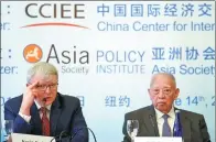  ?? REUTERS ?? Former Australian Prime Minister Kevin Rudd (left) speaks at the “China and the US: Belt and Road Initiative and 100-Day Plan,” a high-level think-tank discussion in New York, on June 14.