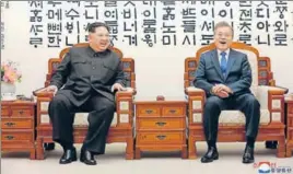  ?? AFP ?? This picture released by North Korea's Korean Central News Agency shows Kim Jong Un (left) with South Korea's President Moon Jaein at the Peace House building at the truce village of Panmunjom.