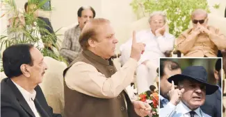  ?? —AFP ?? ISLAMABAD: Pakistan’s ousted prime minister Nawaz Sharif addresses his party yesterday. (Inset) In this photograph taken on June 17, 2017, Shahbaz Sharif addresses the media after appearing before the anti-corruption commission at the Federal Judicial...