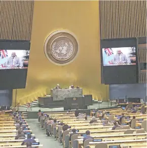  ?? Photo: DEPTFO News ?? Prime Minister Voreqe Bainimaram­a addressing the United Nations General Assembly by video link as chair of the Pacific Small Island Developing States.