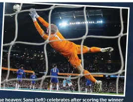  ?? ACTION IMAGES/GETTY IMAGES ?? Blue heaven: Sane (left) celebrates after scoring the winner against Liverpool, and Kompany’s blockbuste­r (above) against Leicester which could help secure the title for City