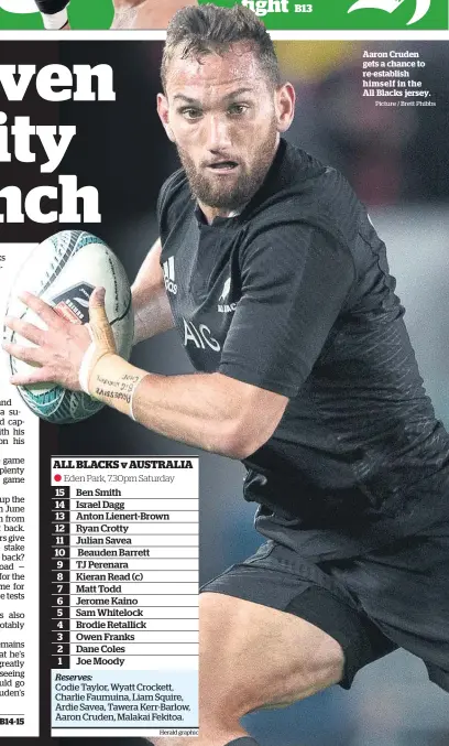  ?? Herald graphic Picture / Brett Phibbs ?? Codie Taylor, Wyatt Crockett, Charlie Faumuina, Liam Squire, Ardie Savea, Tawera Kerr-Barlow, Aaron Cruden, Malakai Fekitoa. Aaron Cruden gets a chance to re-establish himself i n the All Blacks jersey.