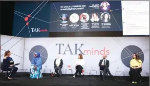  ??  ?? A panel on the topic of ‘Group dynamics and women empowermen­t’ was moderated by Aziza and included Rana Al Nibari, Dr Alanoud Al Sharekh, Mohammed Naciri, Dr Haifa Jamal Al-Lail and Fadumo Dayib.