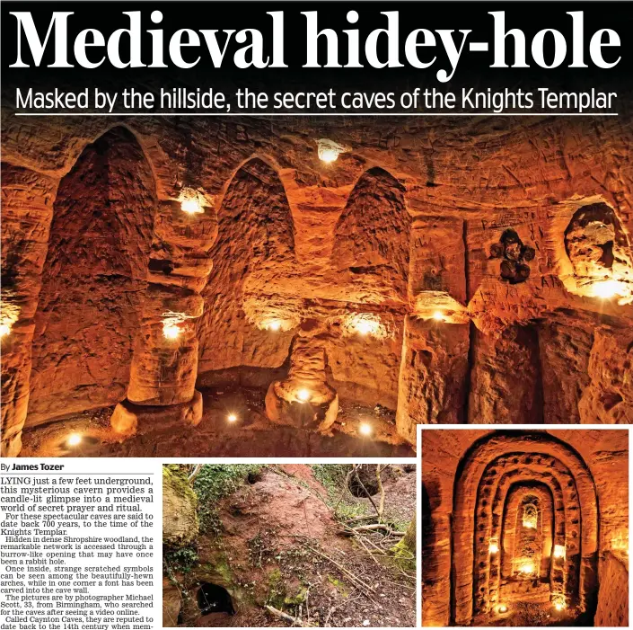  ??  ?? Portal to another world: The burrow-like opening to the caves Hidden rituals: A stone-carved font has been found