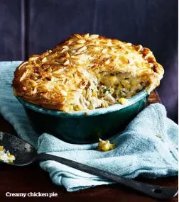  ??  ?? Creamy chicken pie 1 lemon, rind finely grated, juiced
445g sour cream shortcrust pastry, thawed
1 egg, beaten lightly
80g butter
1 medium (350g) leek, chopped finely
1 stick (150g) celery, sliced 3 cobs corn, kernels removed ¼ cup (35g) plain...