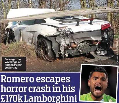  ??  ?? Carnage: the wreckage of Romero’s car yesterday