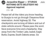  ??  ?? This screenshot of a Facebook posting shows how riders heading to Sturgis, South Dakota, will encounter detours.