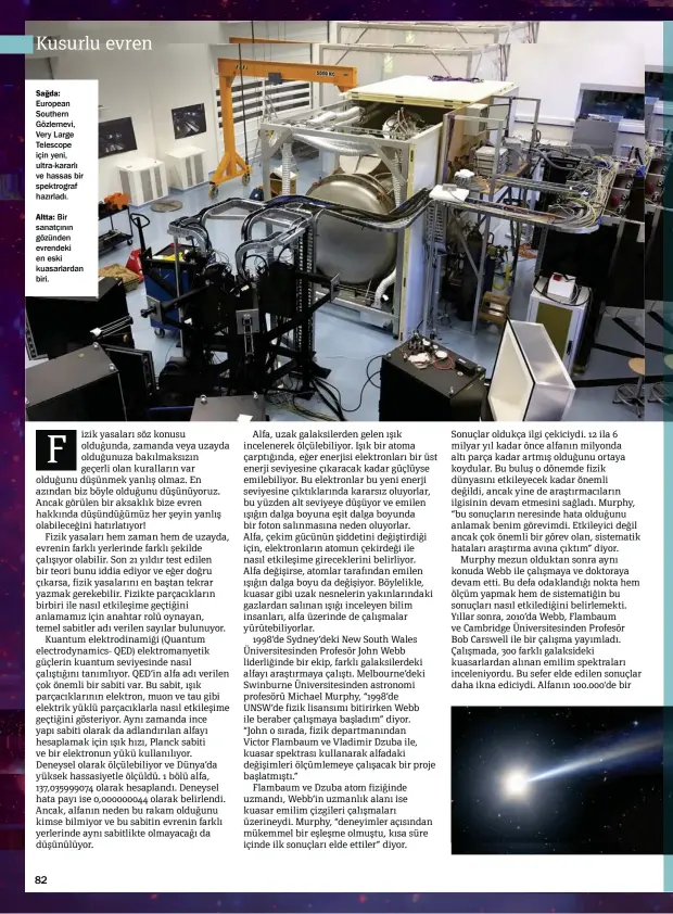  ??  ?? Sağda: European Southern Gözlemevi, Very Large Telescope için yeni, ultra-kararlı ve hassas bir spektrogra­f hazırladı.
Altta: Bir sanatçının gözünden evrendeki en eski kuasarlard­an biri.