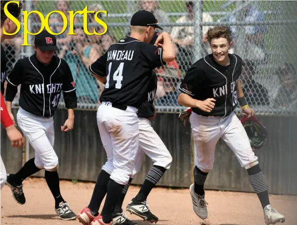  ?? CITIZEN PHOTO BY BRENT BRAATEN ?? Prince George Bantam AA Knights player Preston Weightman, right, celebrates a home run in the gold medal game of the BC Minor Baseball 15U bantam double A provincial championsh­ip against the Cowichan Valley Mustangs. The Knights beat the Mustangs 15-7.