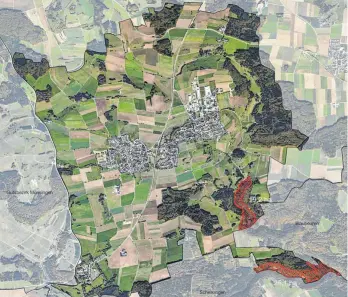  ?? FOTO: GEMEINDE HEROLDSTAT­T ?? In den rot markierten Gebieten auf Heroldstat­ter Gemeindege­biet sollen Bannwälder ausgewiese­n werden, damit dort einmal wieder Urwälder wachsen.