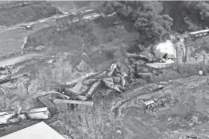  ?? GENE J. PUSKAR/AP ?? A Feb. 4 drone photo shows portions of a Norfolk Southern Railroad freight train that derailed the previous night in East Palestine, Ohio.