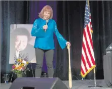  ?? Sam Morris ?? Las Vegas News Bureau Marty Allen’s widow, Karon Kate Blackwell, speaks Friday during a memorial for the comedian on what would have been his 96th birthday at the Rampart Casino at The Resort at Summerlin. Allen passed away Feb. 12.