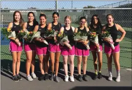  ?? John Stevens/appeal-democrat ?? The Live Oak girls tennis seniors from left to right: Lizzy Allan, Nataly Ayala, Jessie Patrick, Erica Valadez, Anna Cowen, Tyona Krul, Erika Angel and Roxy Lopez.