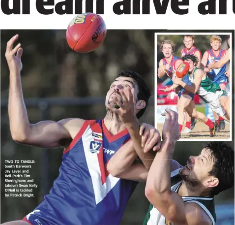  ??  ?? TWO TO TANGLE: South Barwon's Jay Lever and Bell Park's Tim Sheringham; and (above) Swan Kelly O’Neil is tackled by Patrick Bright.