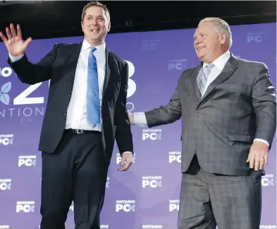  ?? JACK BOLAND / POSTMEDIA NEWS FILES ?? The election of Ontario Premier Doug Ford, right, has done Federal Conservati­ve leader Andrew Scheer few favours, the Post’s John Ivison writes. The contrast between the two men is stark.