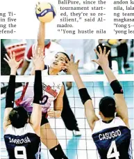  ?? (Photo from PVL) ?? Choco Mucho's Kat Tolentino goes for a spike against two BaliPure blockers during their PVL Open Conference match in Bacarra, Ilocos Norte.