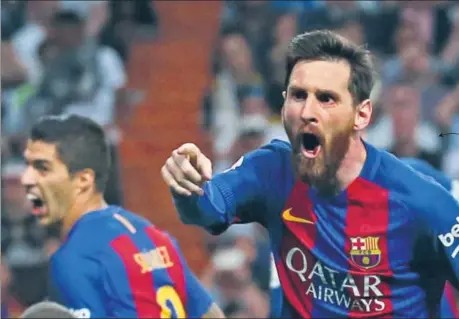  ?? REUTERS ?? Lionel Messi celebrates after scoring Barcelona’s third goal against Real Madrid at the Bernabeu on Sunday.