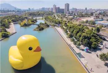  ?? ESTEBAN FELIX/AP ?? Making a splash: A giant inflatable rubber duck designed by Dutch artist Florentijn Hofman floats Thursday in a lake at the Parque de la Familia in Santiago, Chile. The world-famous sculpture of the iconic bath toy is a part of the annual “Hecho en Casa,” or Made at Home festival, that celebrates urban art.