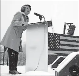  ?? [JIM MONE/THE ASSOCIATED PRESS] ?? Democratic Sen. Amy Klobuchar, addressing a snowy rally where she announced she is entering the race for president on Sunday in Minneapoli­s, is known for her ability to work with Republican­s to get legislatio­n passed.