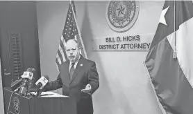  ?? AARON MARTINEZ/EL PASO TIMES ?? El Paso District Attorney Bill Hicks speaks at a news conference Friday about the Senate Bill 4 state immigratio­n law and its possible effects on El Paso and West Texas. If the law goes into effect, Hick said, he will use “prosecutor­ial discretion” on which cases his office will pursue.