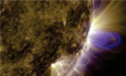  ??  ?? Above: Magnetic loops known as ‘flux ropes’ rise up from the Sun in this image from the Solar Dynamics Observator­y.
