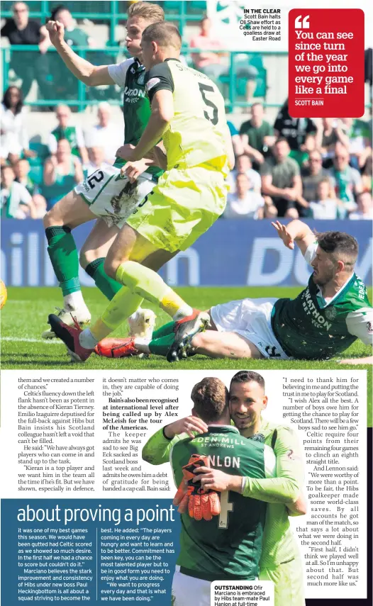  ??  ?? IN THE CLEAR Scott Bain halts Oli Shaw effort as Celts are held to a goalless draw at Easter Road OUTSTANDIN­G Ofir Marciano is embraced by Hibs team-mate Paul Hanlon at full-time