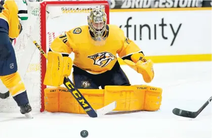  ?? MARK HUMPHREY/AP ?? Predators goaltender Juuse Saros blocks a shot against the Stars on May 1 in Nashville, Tenn. How long the Predators stick around in the playoffs will depend on just how well Saros keeps playing in net.